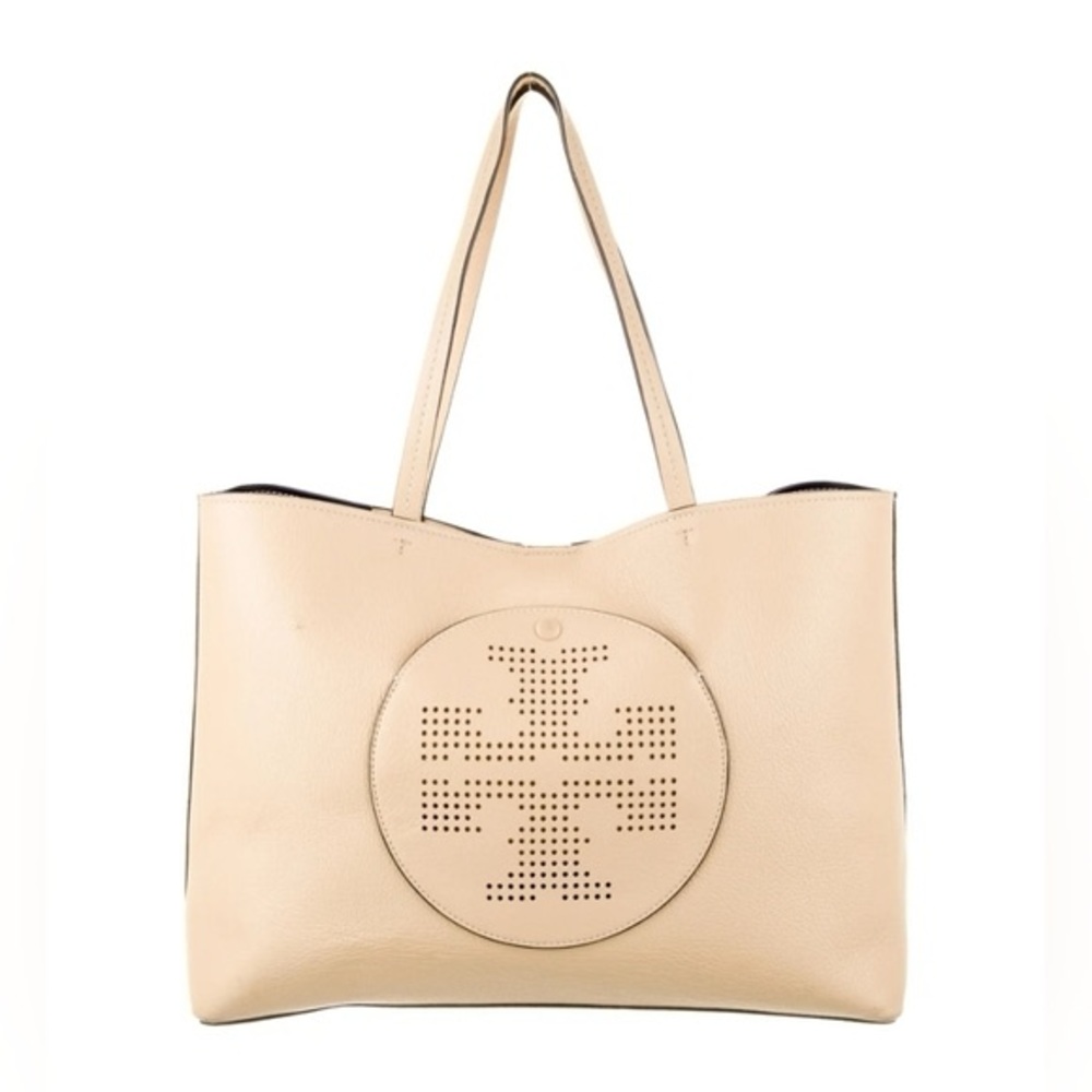 Tory Burch Perforated Logo Leather Tote Bag in Sand Dune - Picture 2 of 8